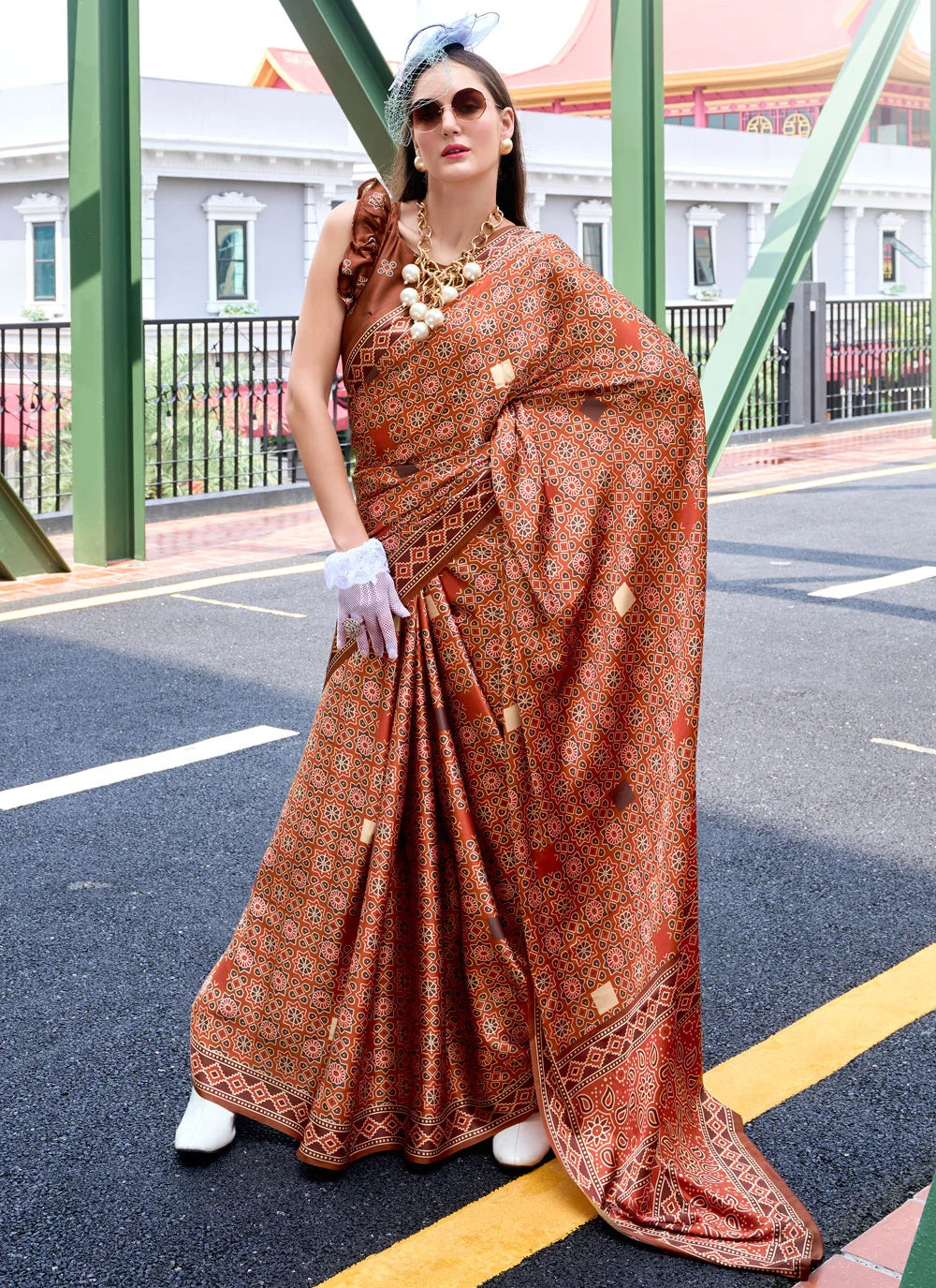 Rust Office Wear Ajrakh Printed Satin Crepe Saree