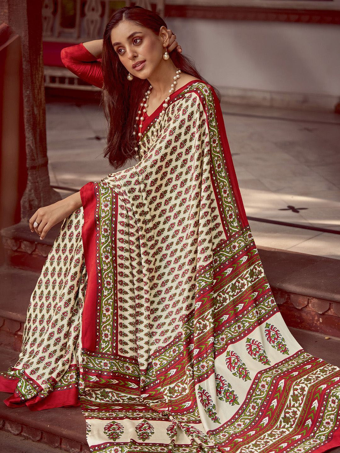 Vanilla New Ajrakh Printed Satin Crepe Saree