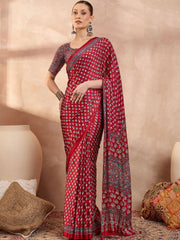 Deep Maroon Premium Modal Ajrakh Satin Saree With Artistic Buti & Mirror Work