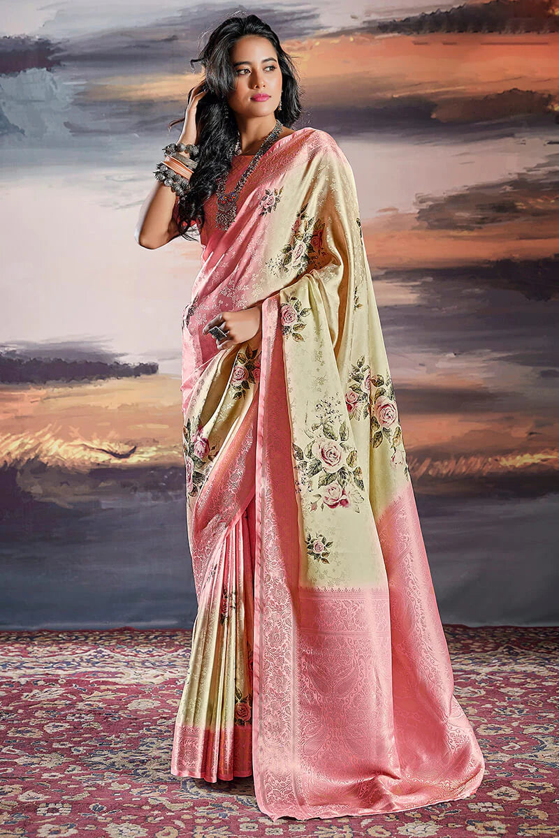 Classy Beige Floral Printed Satin Silk Saree