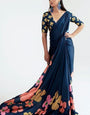 Navy Blue Satin Digital Print Saree