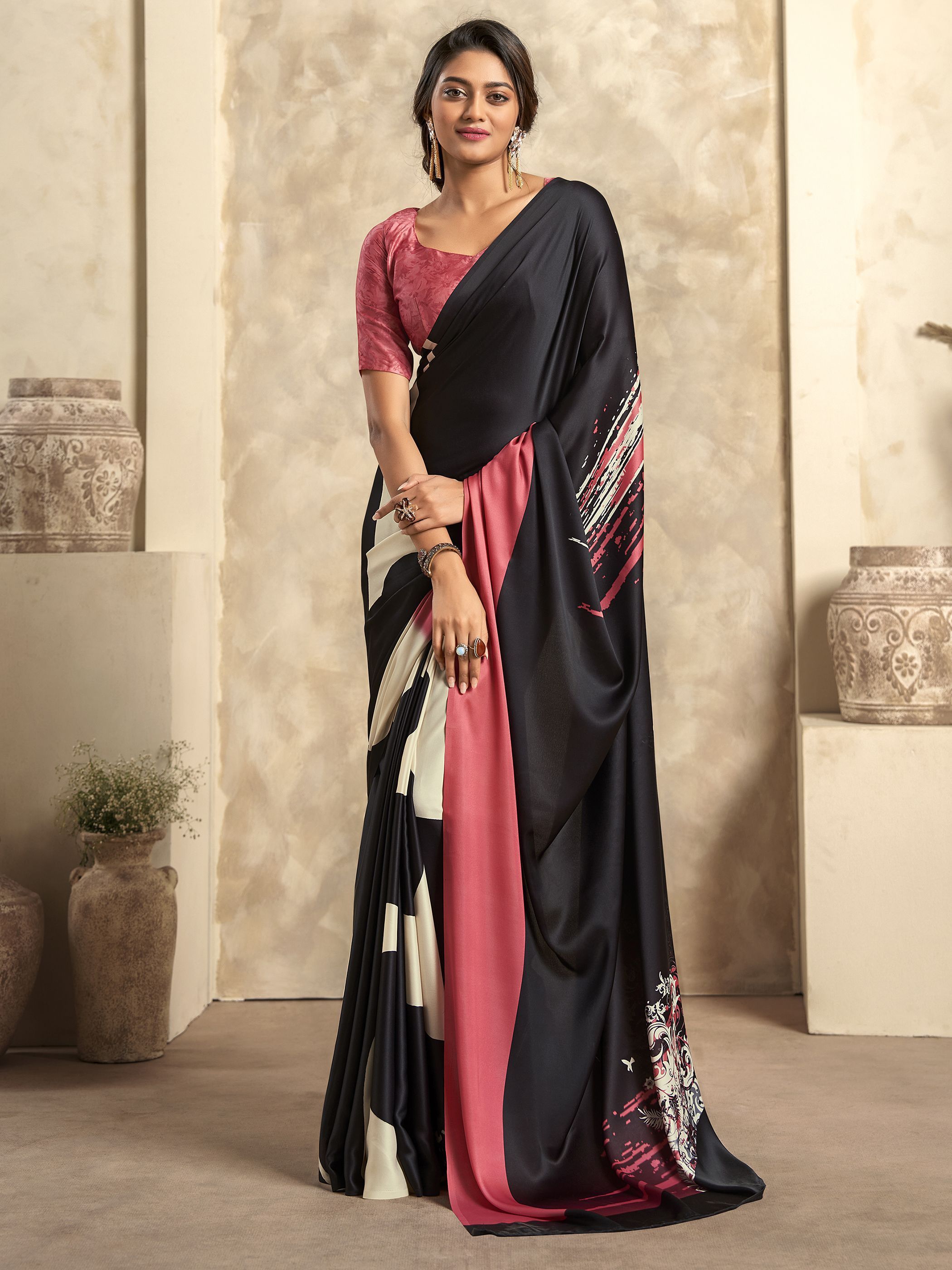 Black Digital Printed Satin Silk Saree