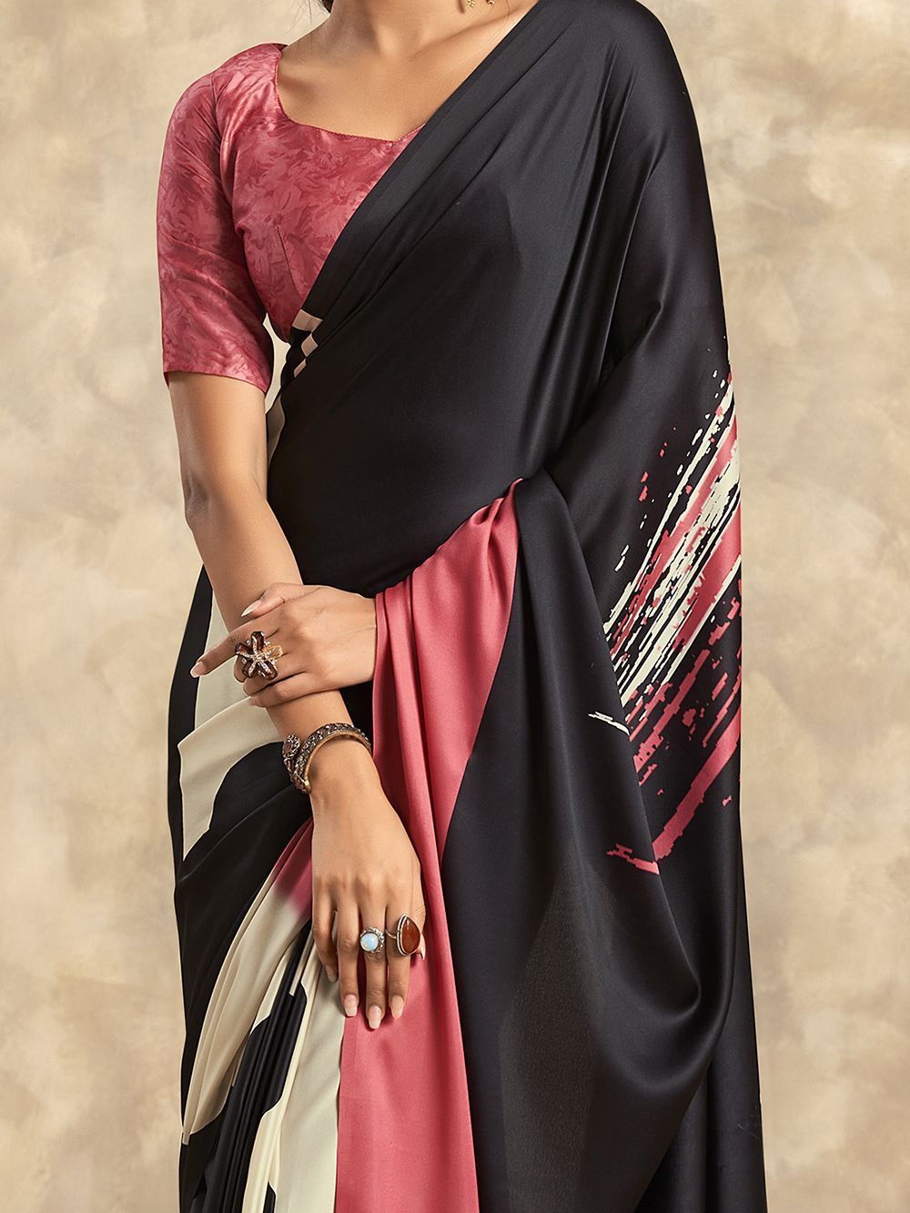 Black Digital Printed Satin Silk Saree