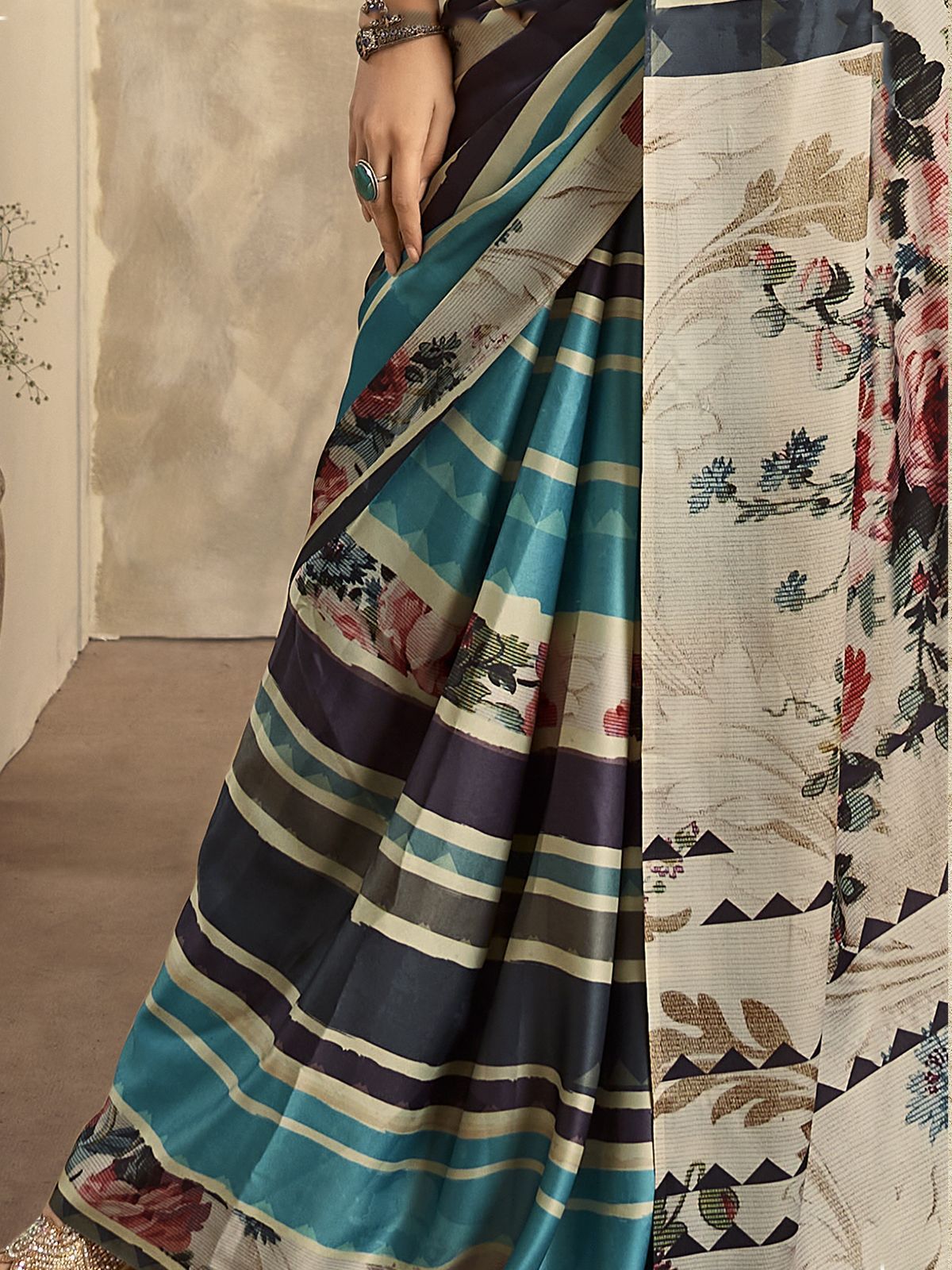 Sky Blue Digital Printed Satin Silk Saree