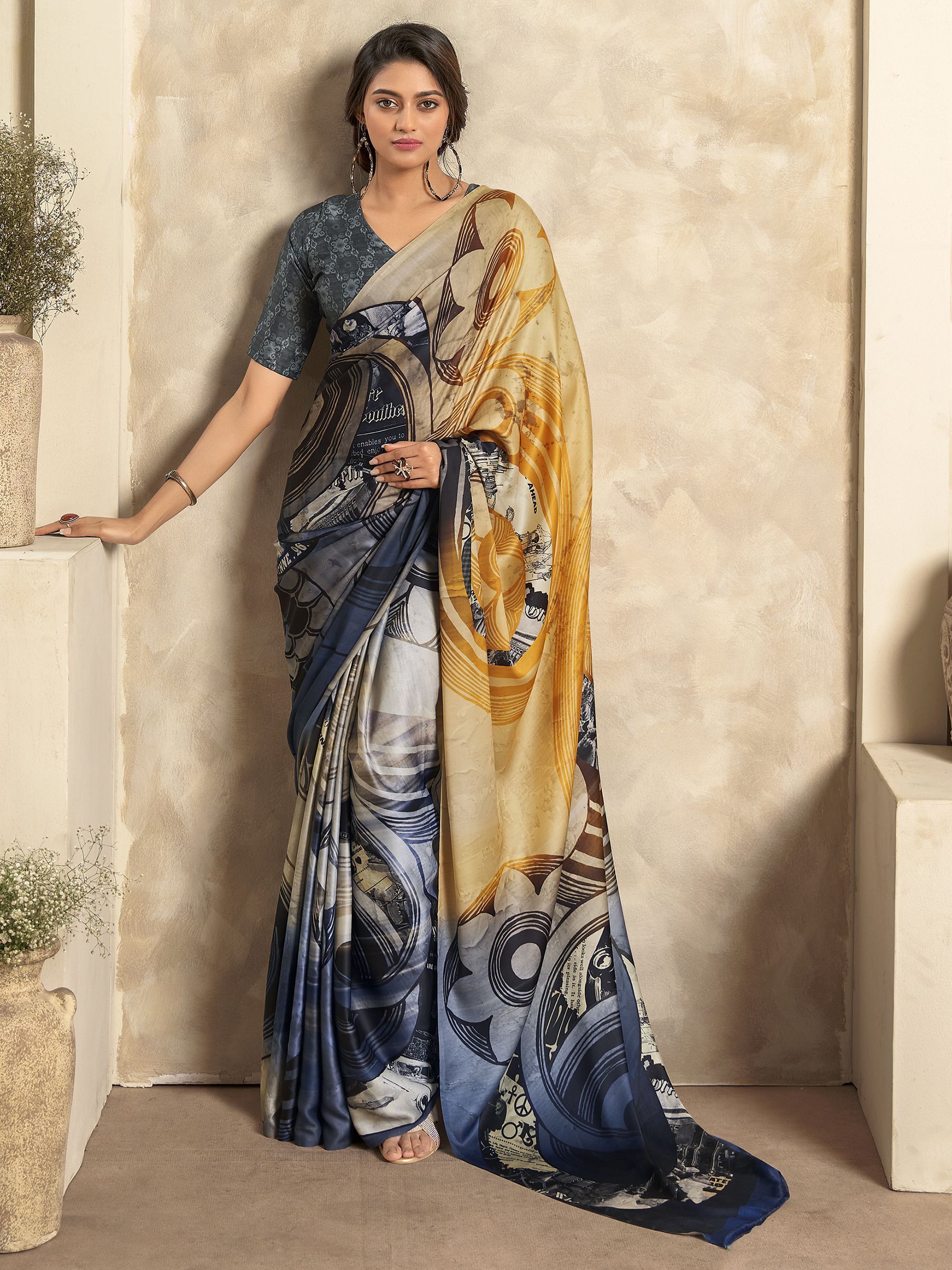 Multicolor Digital Printed Satin Silk Saree