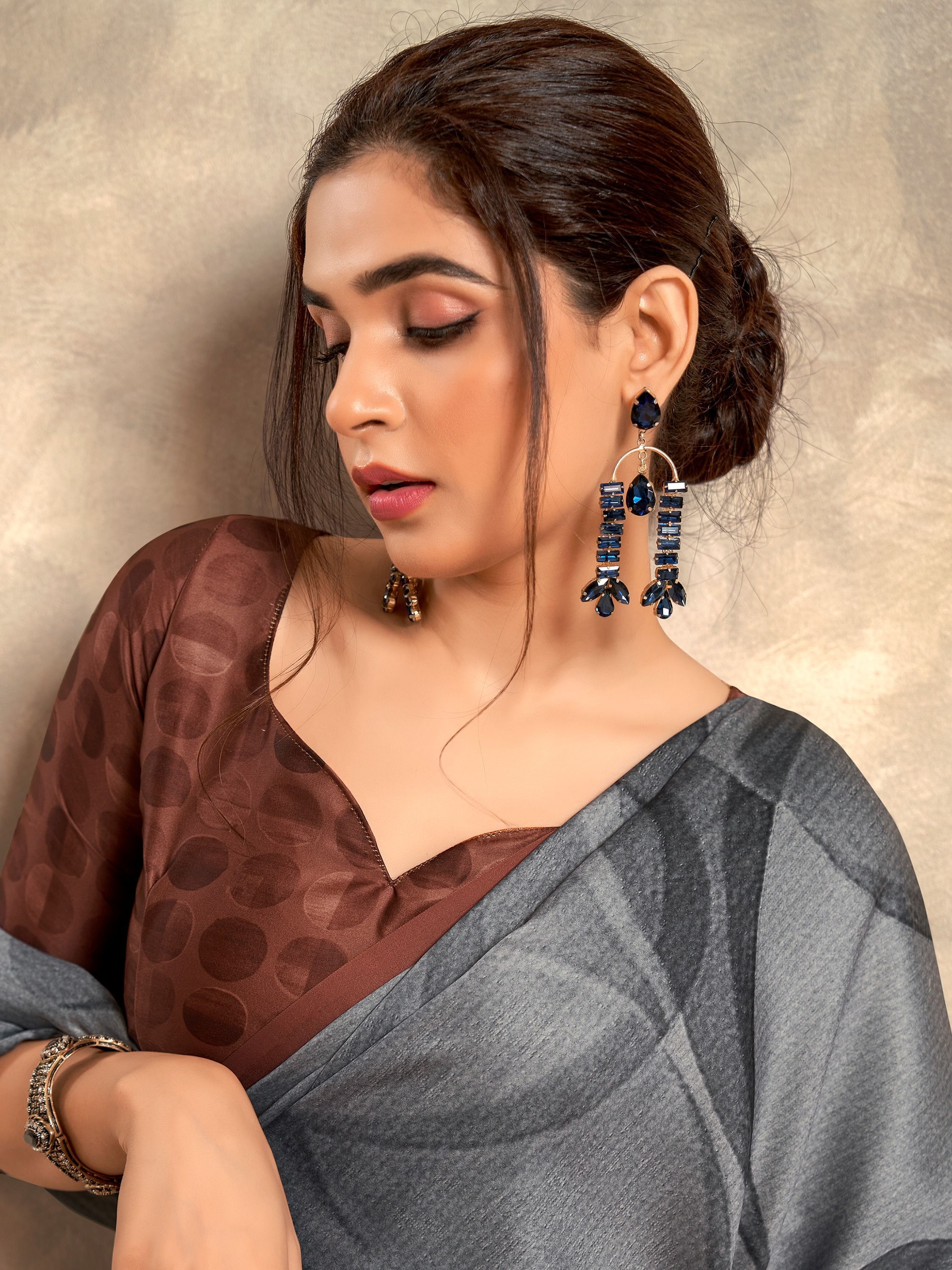 Grey Digital Printed Satin Silk Saree