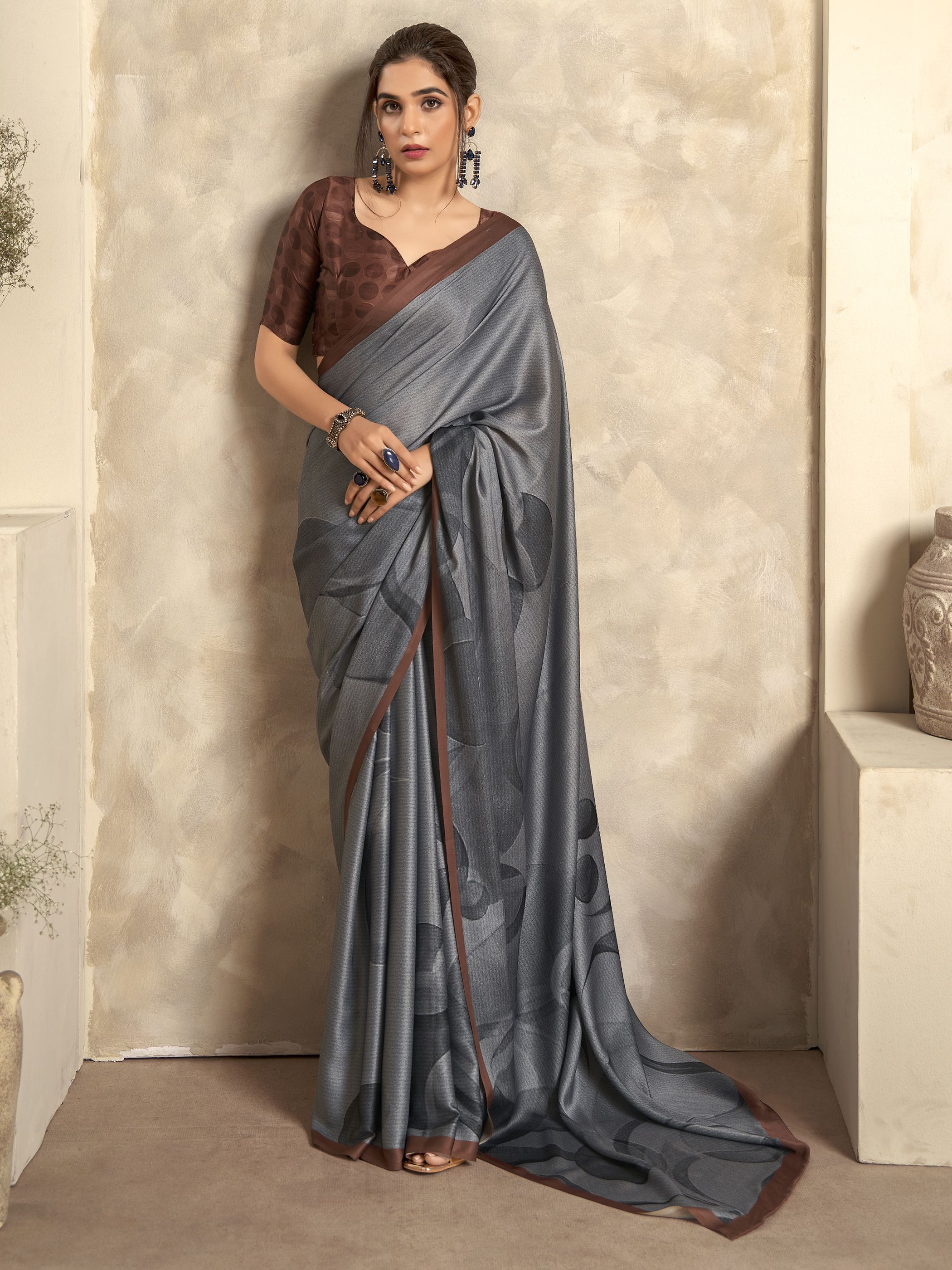 Grey Digital Printed Satin Silk Saree