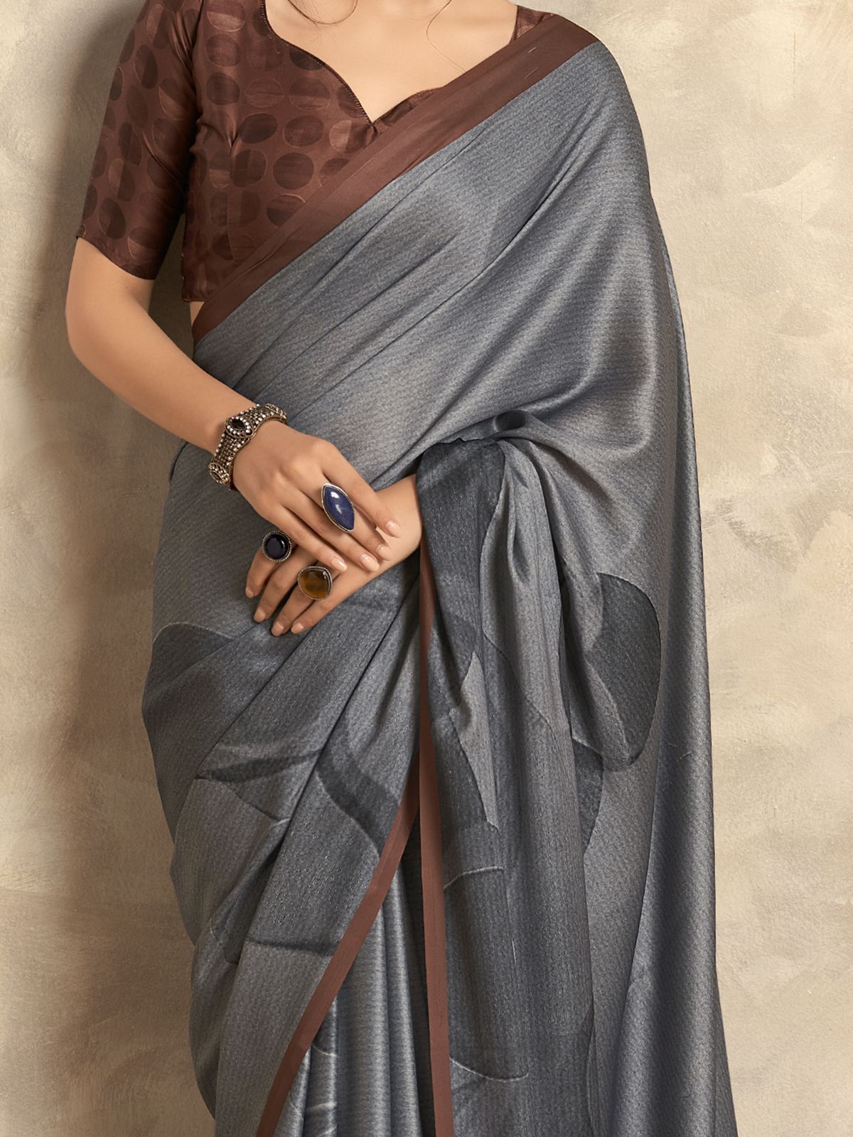 Grey Digital Printed Satin Silk Saree