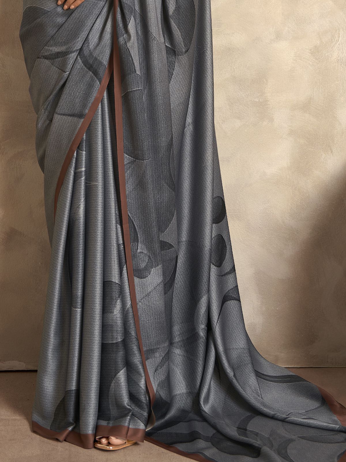 Grey Digital Printed Satin Silk Saree