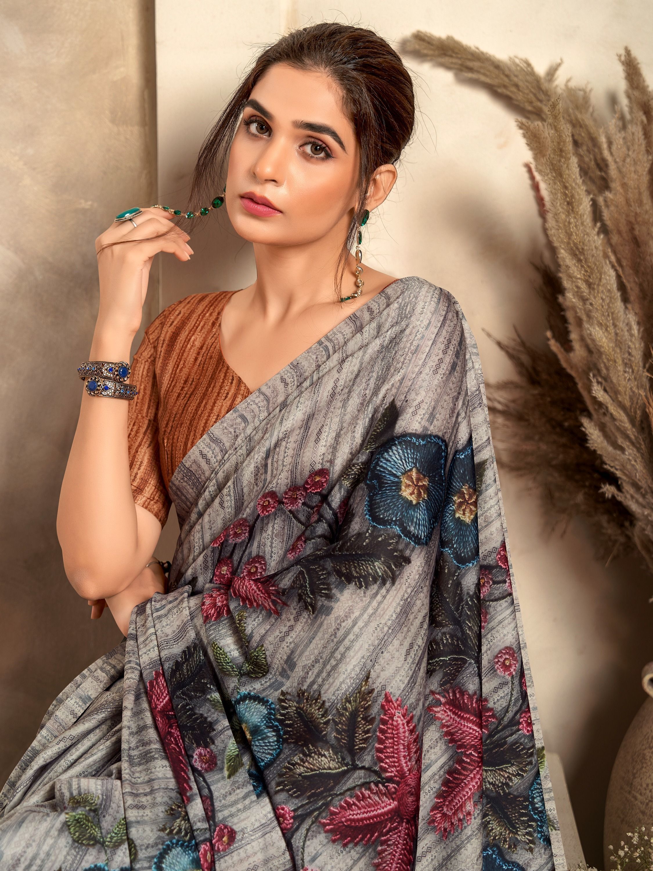 Grey Digital Printed Satin Silk Saree