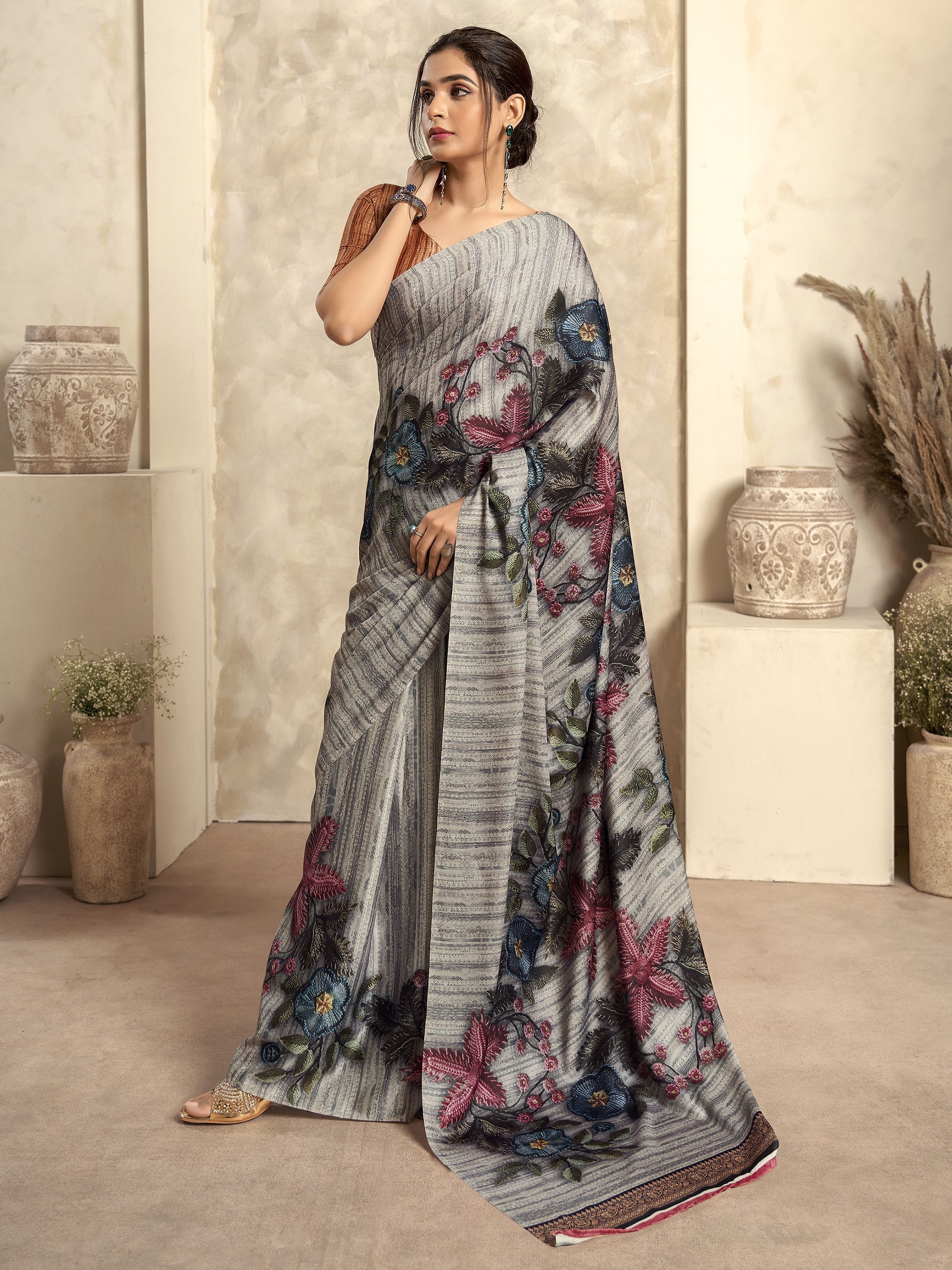 Grey Digital Printed Satin Silk Saree