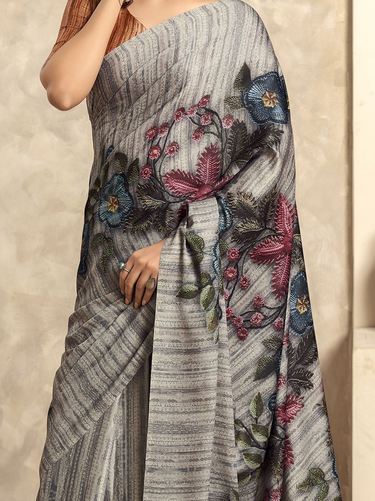 Grey Digital Printed Satin Silk Saree