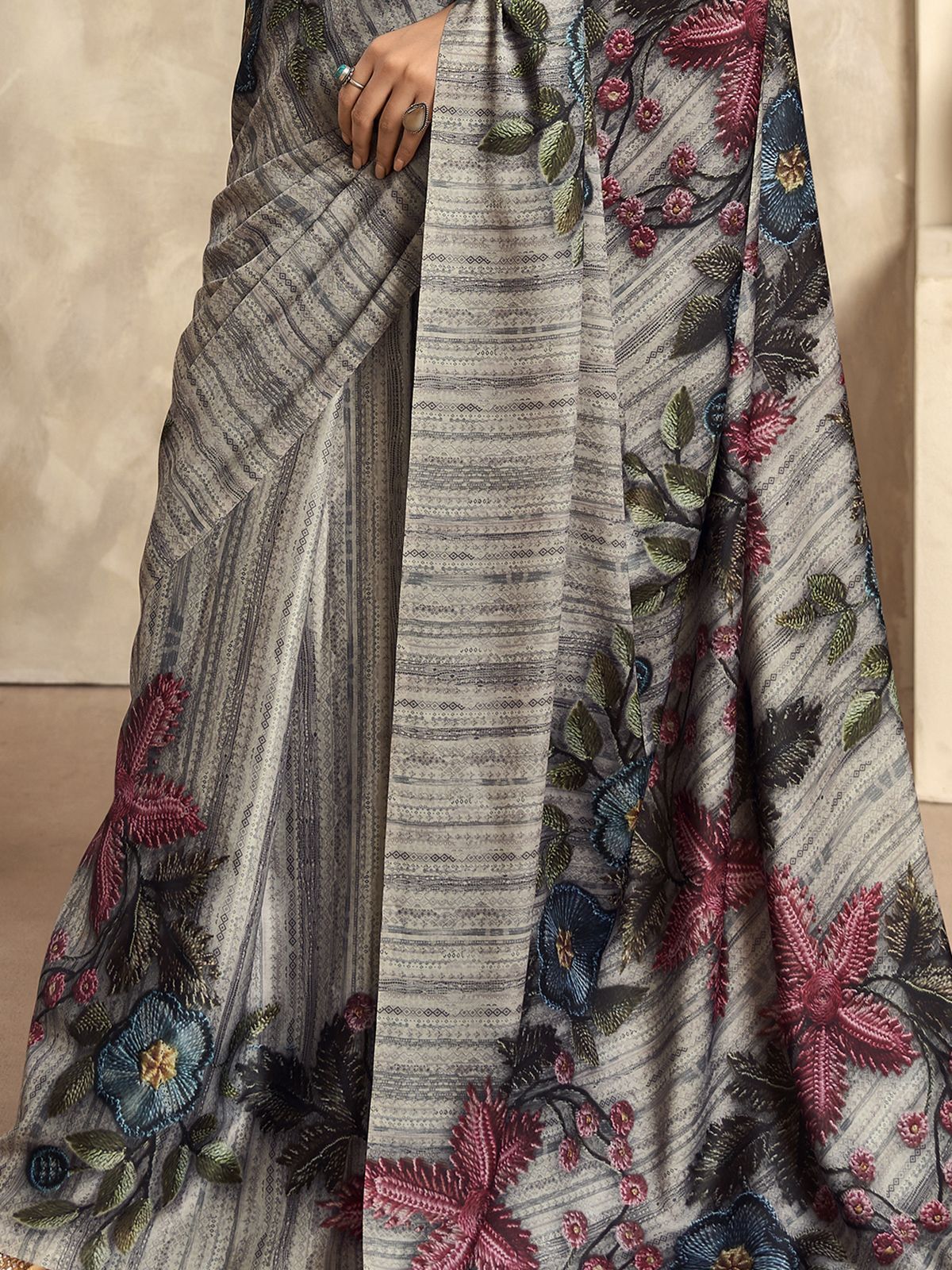 Grey Digital Printed Satin Silk Saree