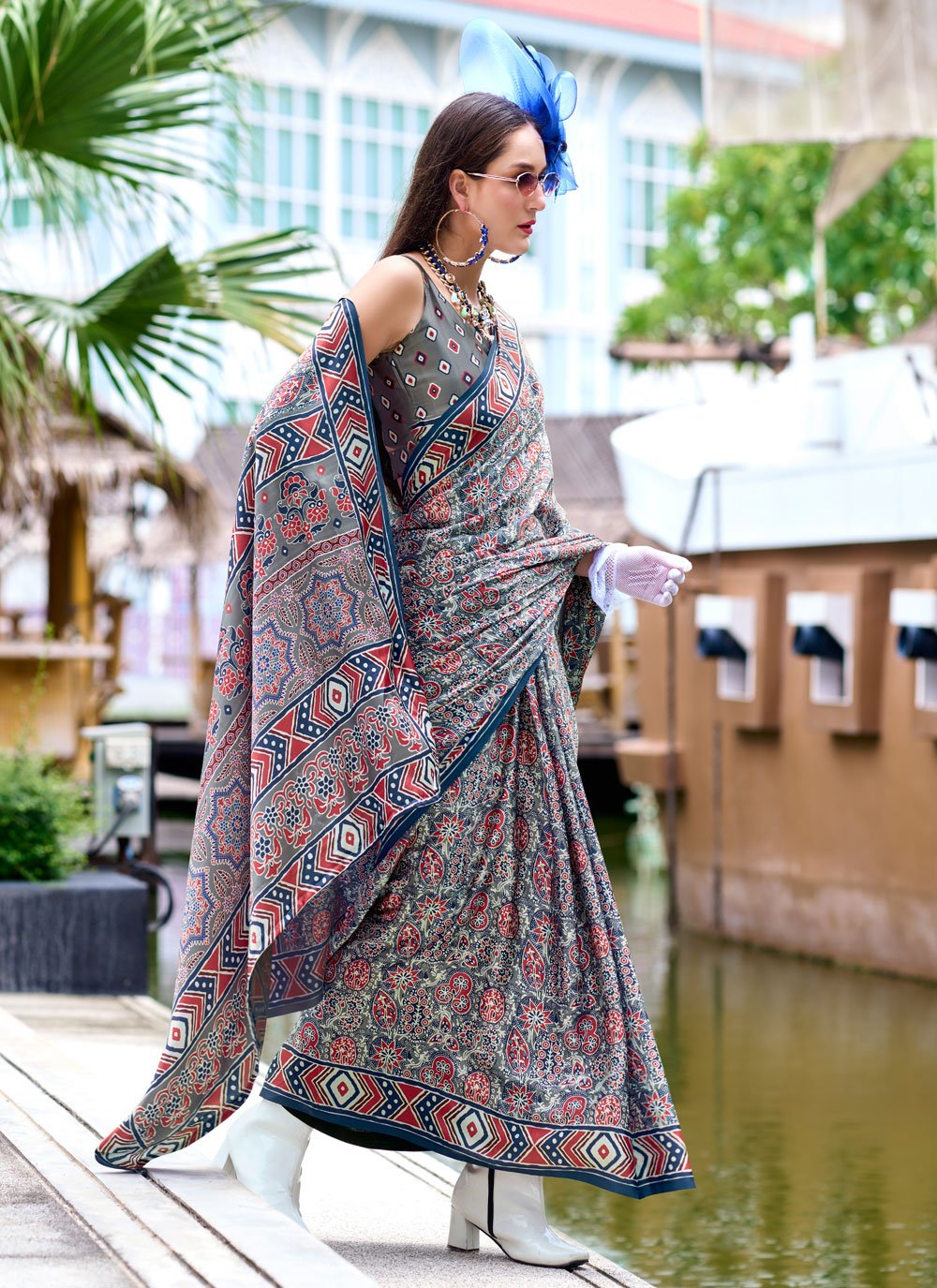 Office Wear Ajrakh Printed Satin Crepe Saree