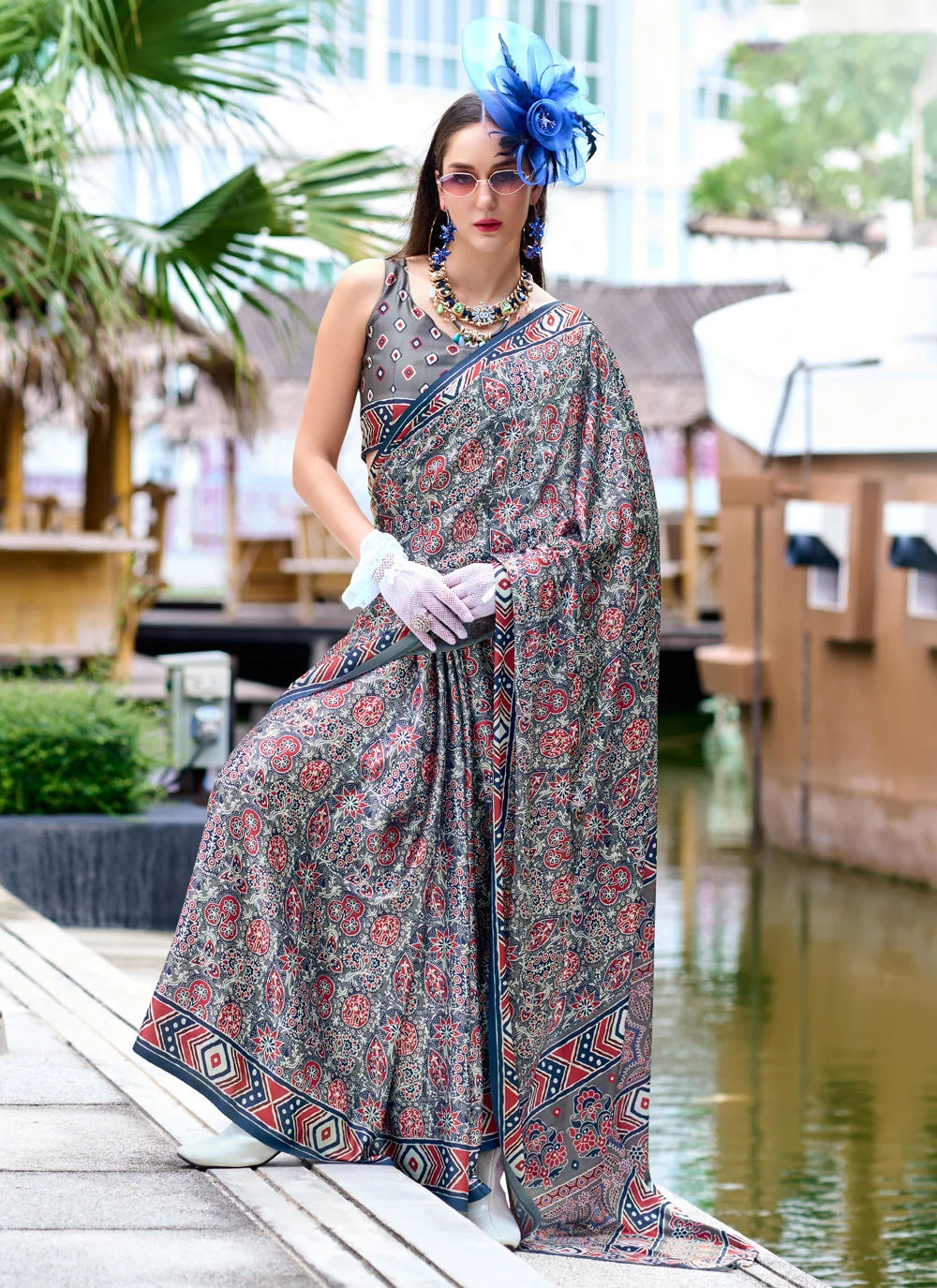 Office Wear Ajrakh Printed Satin Crepe Saree