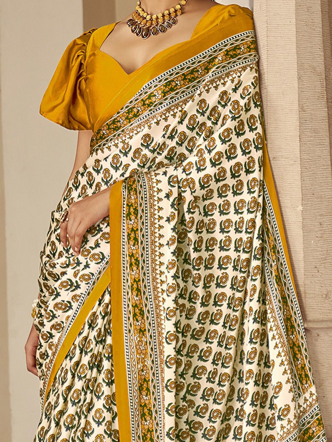 Snowy White New Ajrakh Printed Satin Crepe Saree