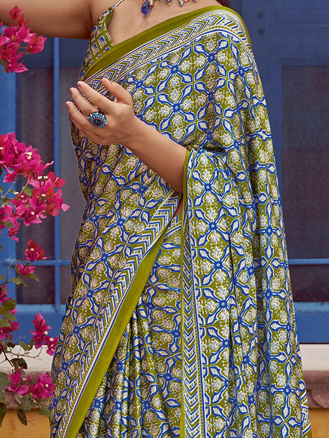 Green New Ajrakh Printed Satin Crepe Saree