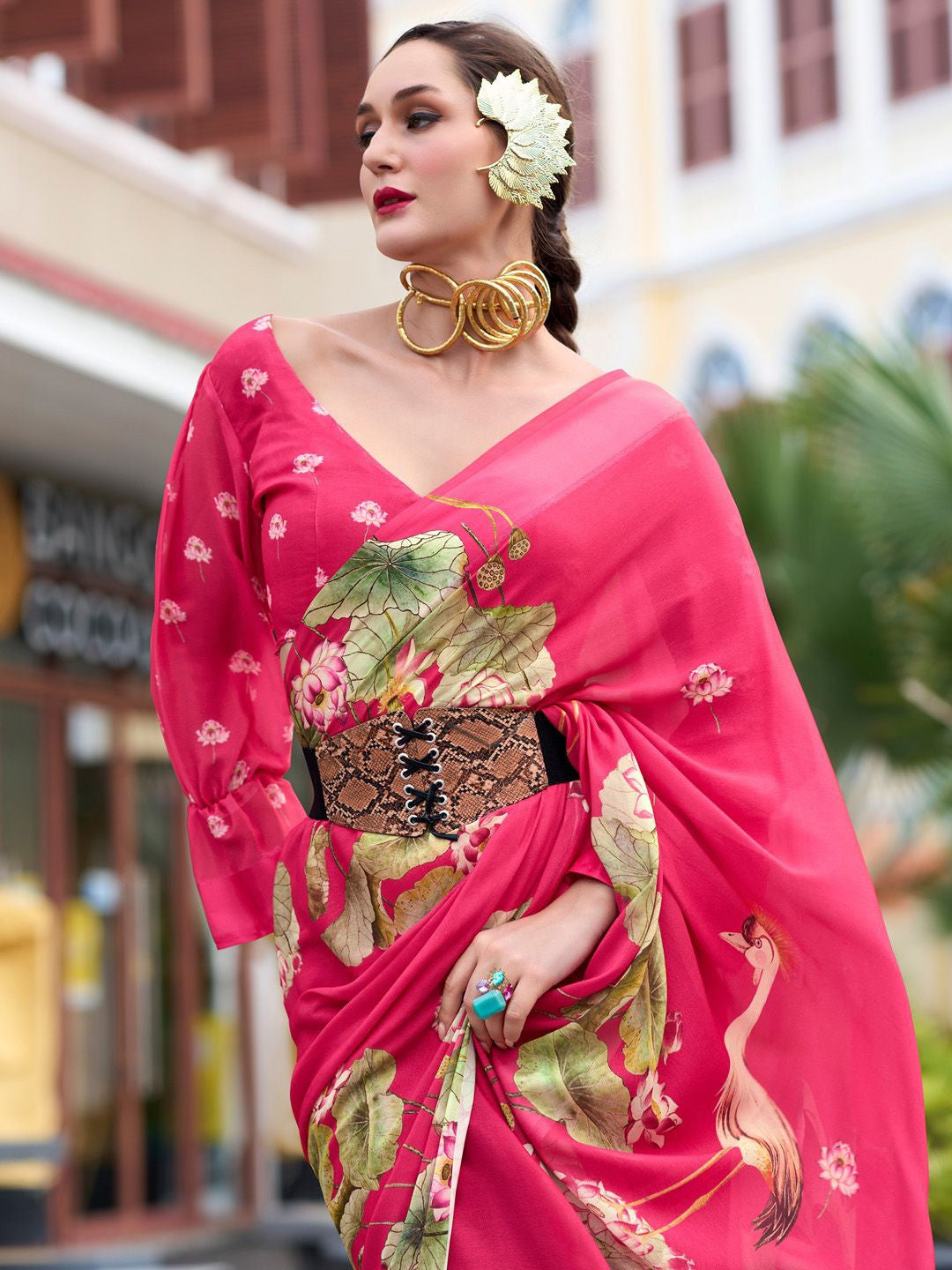 Strawberry Pink Pure Georgette Floral Printed Trending Saree