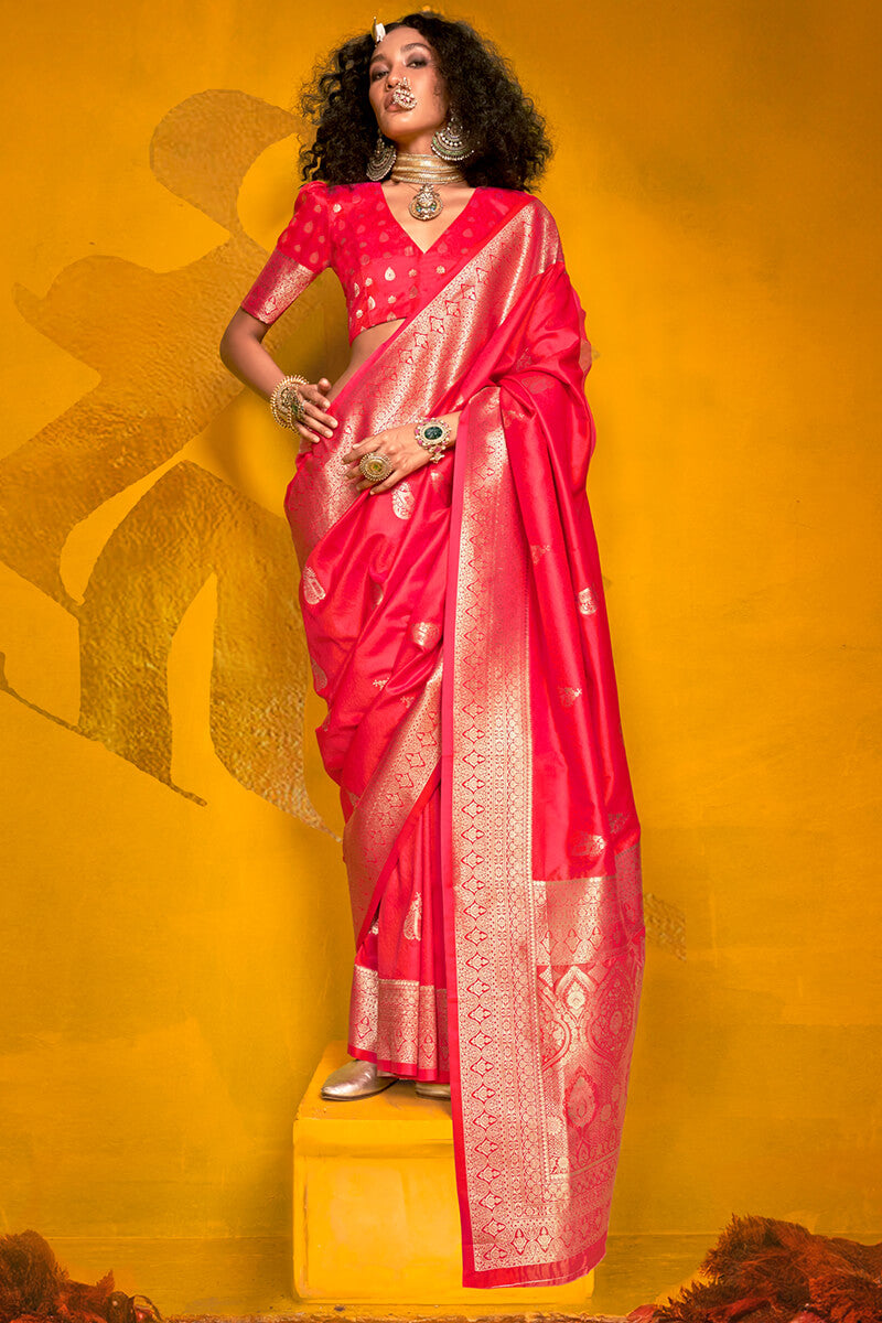 Tomato Pink Spun Silk Saree With Blouse Piece