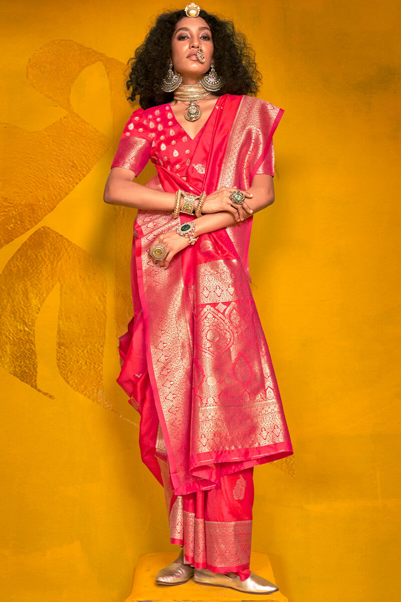 Tomato Pink Spun Silk Saree With Blouse Piece