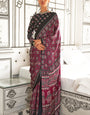 Wine Red Printed Ajrakh Satin Crepe Saree