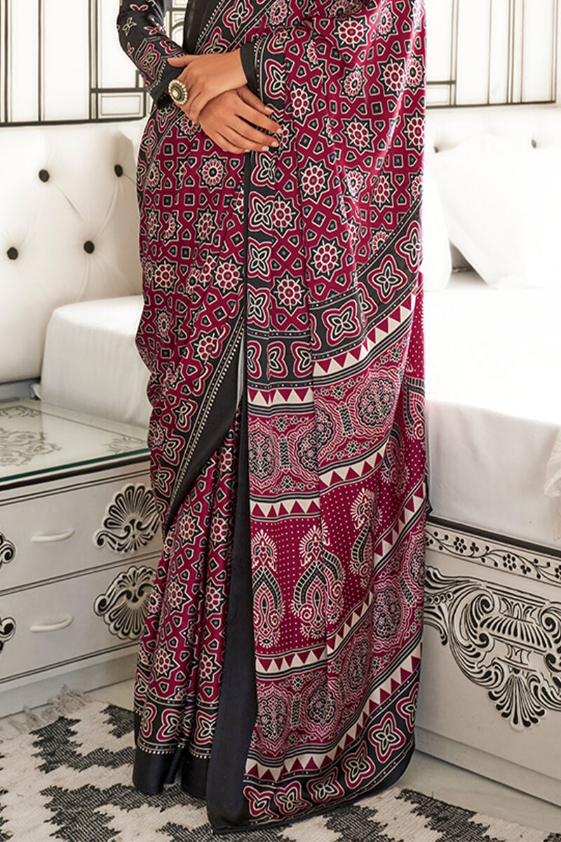 Wine Red Printed Ajrakh Satin Crepe Saree