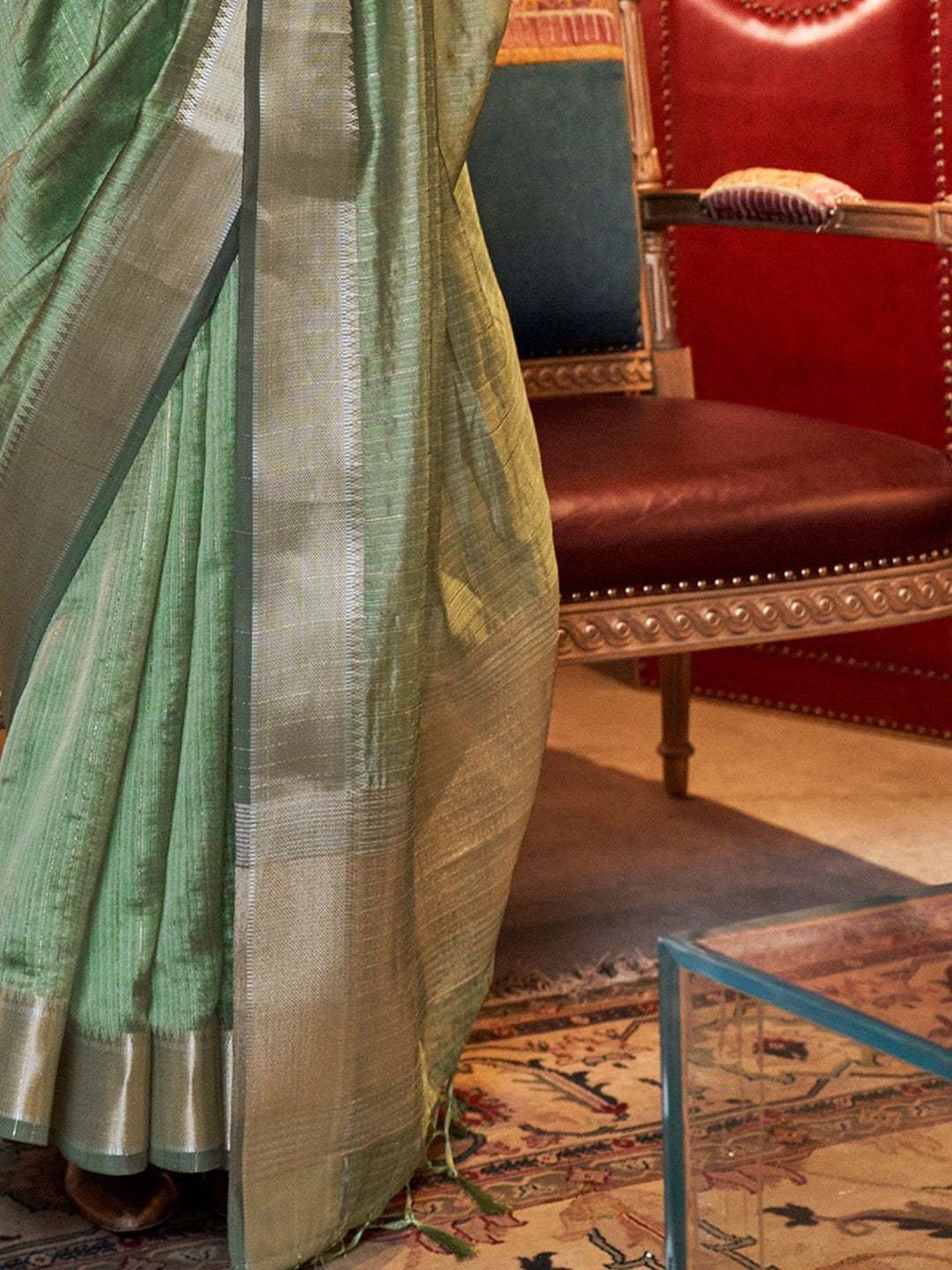 Olive Green Woven Moss Chiffon Handloom Weaving Silk Saree