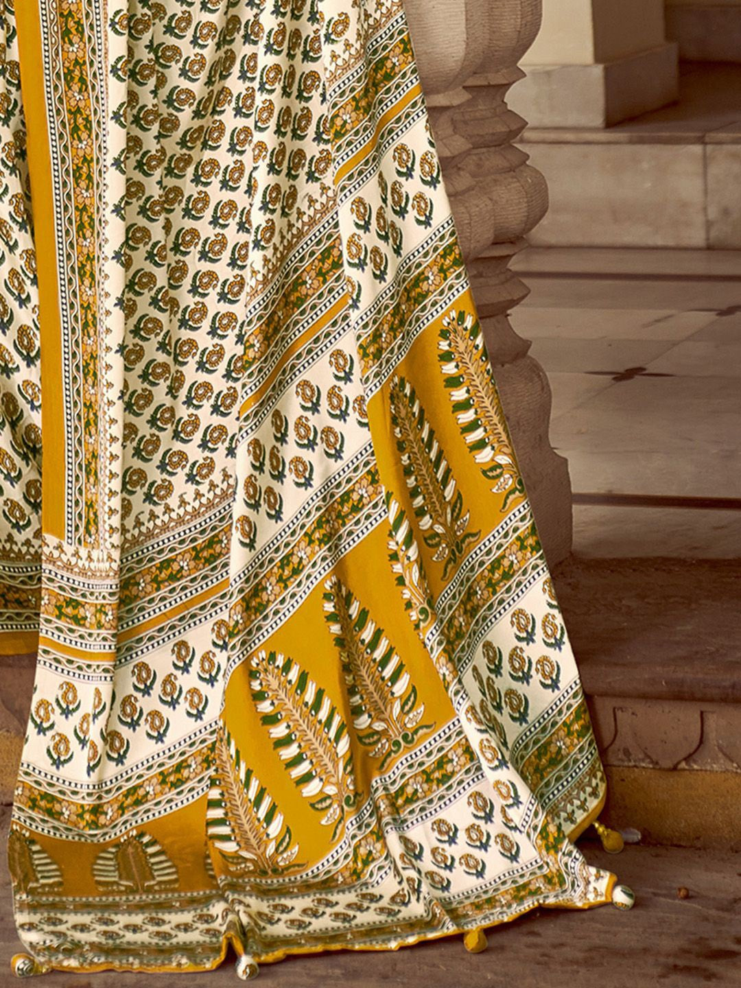 Snowy White New Ajrakh Printed Satin Crepe Saree